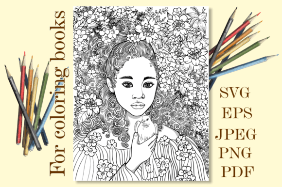 Cute Africa Little Girl Bw Vector Graphics for Coloring Pages Amp