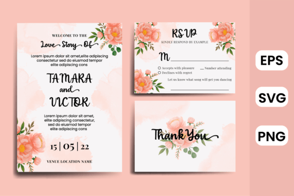 Invitation Card Peony Watercolor Flower for Print Templates and Graphics