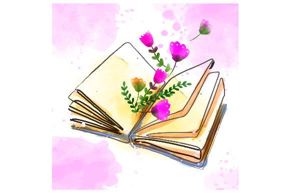 Watercolor Open Book with Flowers Growing out of It
