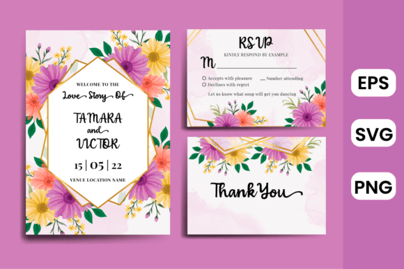 Watercolor Wedding Invitation Daisy Graphics for Print Templates