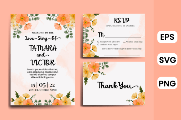 Watercolor Wedding Invitation Poppies Graphics for Print Templates